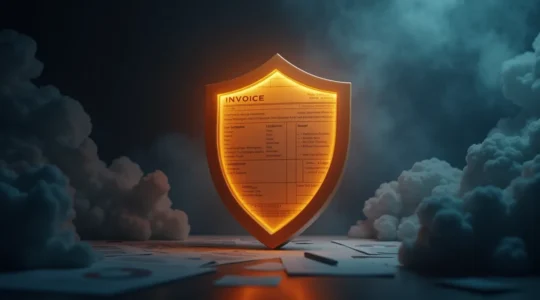 Représentation symbolique d'un bouclier protecteur autour d'une facture impayée avec des éléments financiers et commerciaux en arrière-plan