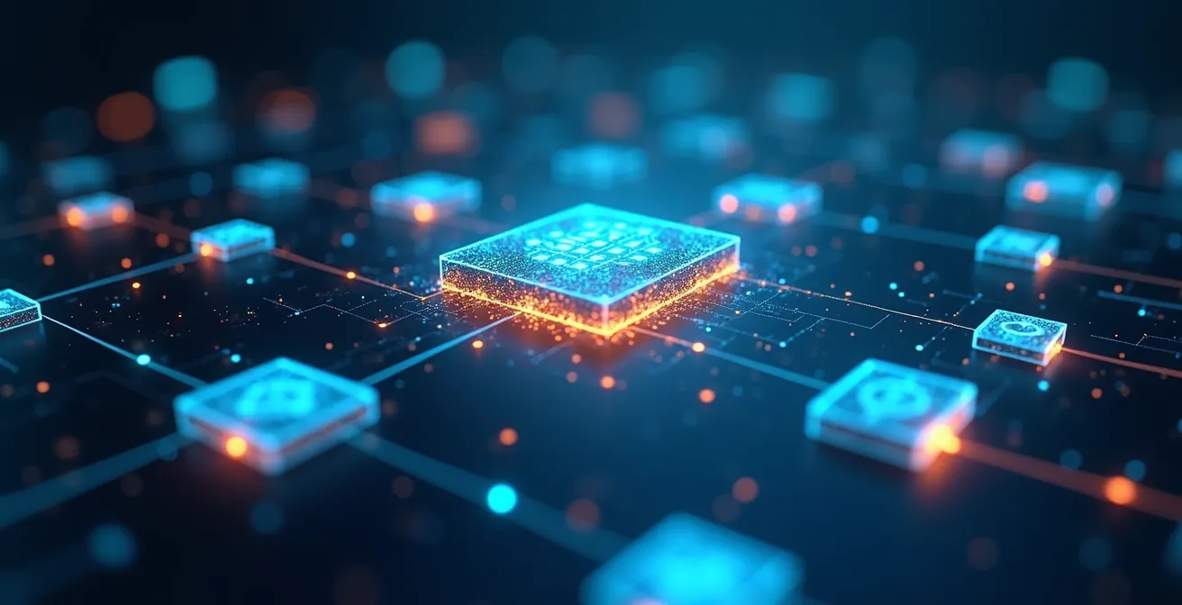 Représentation conceptuelle de la technologie blockchain appliquée à la comptabilité avec registres distribués