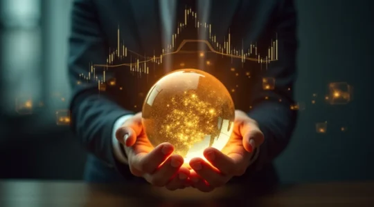 Illustration symbolique d'une boule de cristal tenue par un dirigeant d'entreprise avec des graphiques financiers lumineux en arrière-plan.