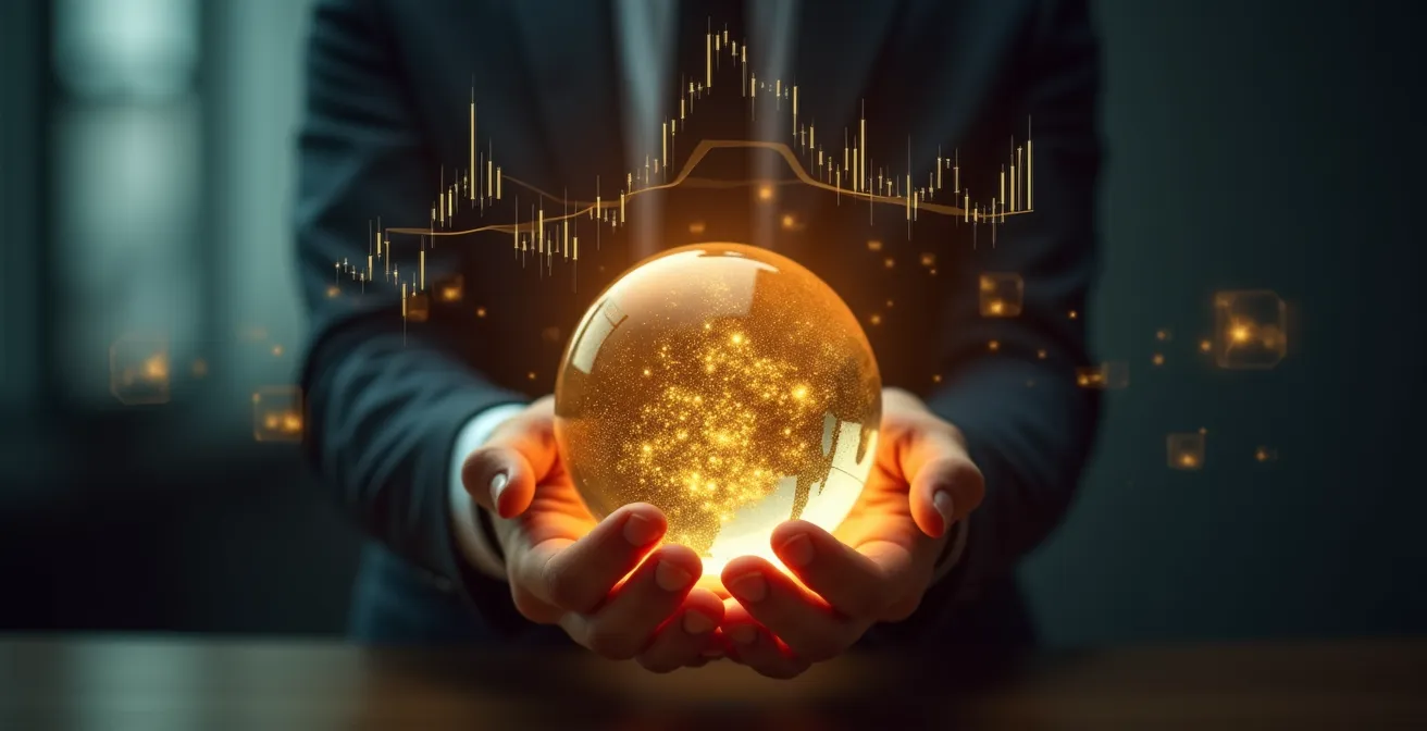 Illustration symbolique d'une boule de cristal tenue par un dirigeant d'entreprise avec des graphiques financiers lumineux en arrière-plan.
