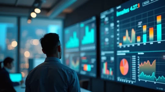 Illustration symbolique représentant un dirigeant d'entreprise analysant des graphiques financiers dynamiques symbolisant la croissance maîtrisée grâce au budget d'entreprise