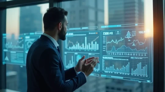 Illustration symbolique d'un dirigeant analysant des graphiques financiers avec en arrière-plan une représentation stylisée de calcul fiscal en entreprise