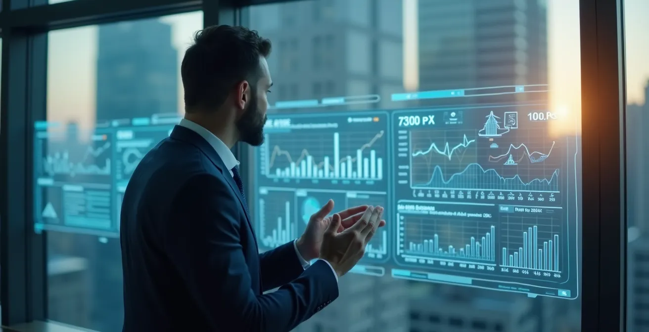 Illustration symbolique d'un dirigeant analysant des graphiques financiers avec en arrière-plan une représentation stylisée de calcul fiscal en entreprise