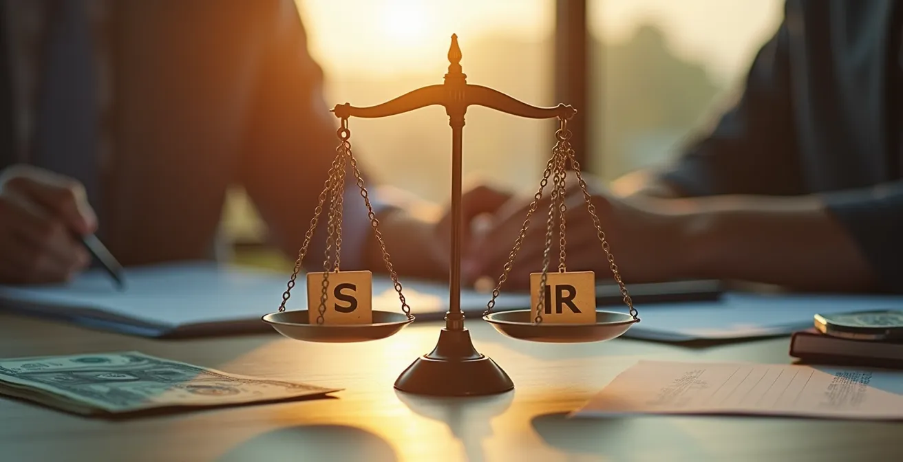 Illustration comparative symbolique des choix fiscaux IS et IR pour entreprise avec balances et documents