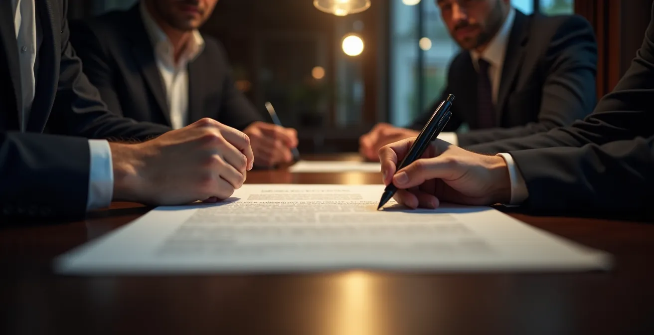 Illustration représentant un document de pacte d'actionnaires avec des mains négociant autour d'une table