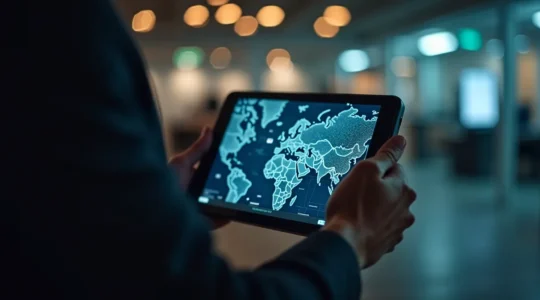 Image symbolique d'un GPS financier guidant un entrepreneur vers des zones de profit dans un paysage d'entreprise