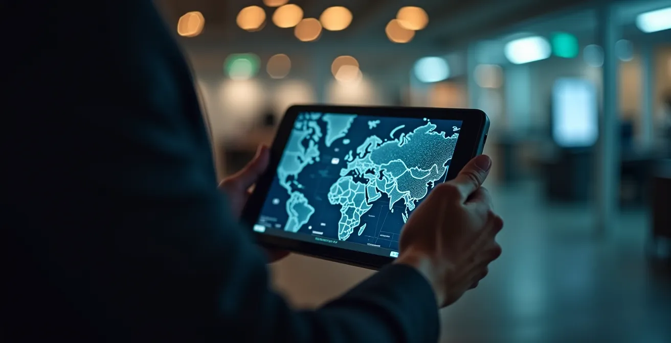 Image symbolique d'un GPS financier guidant un entrepreneur vers des zones de profit dans un paysage d'entreprise