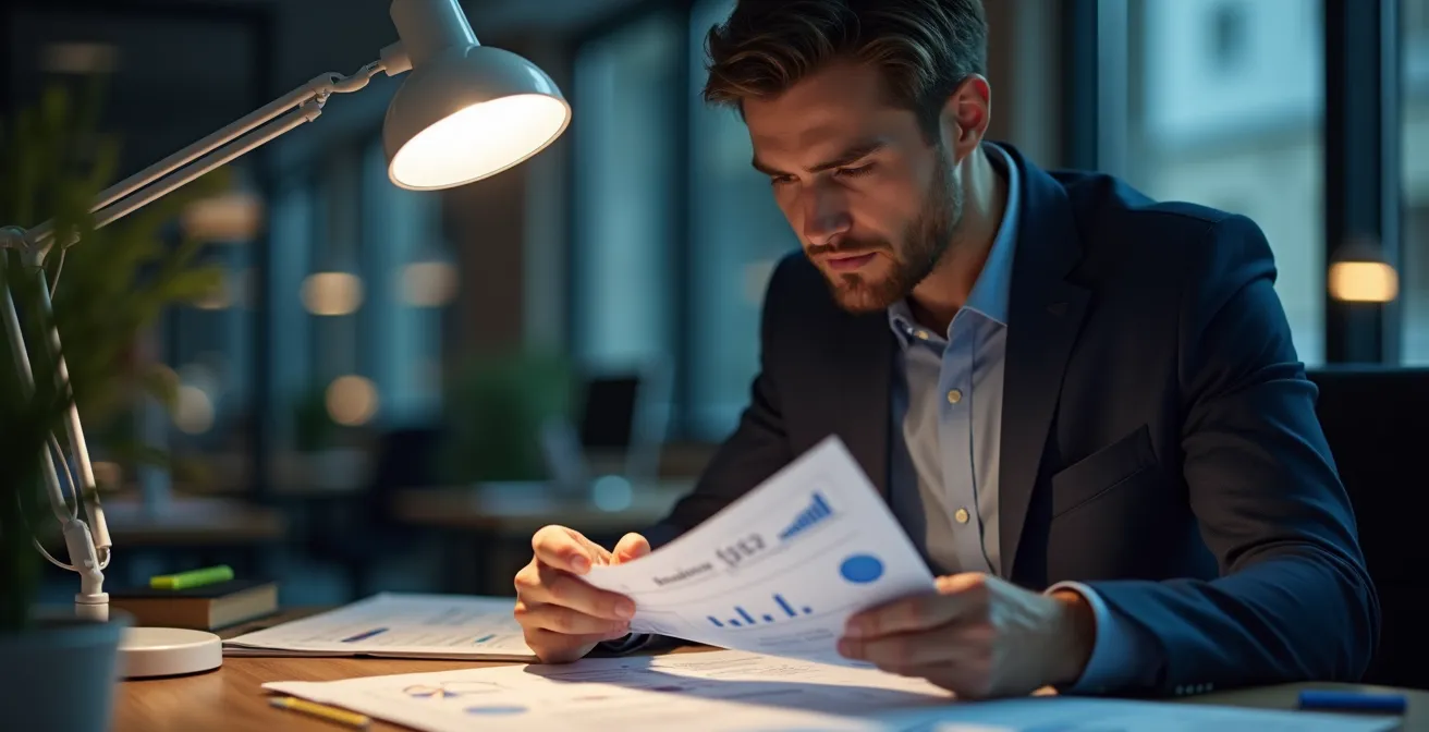 Illustration d'un analyste financier examinant attentivement un bilan comptable avec une loupe