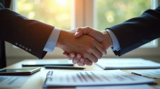 Illustration symbolique représentant la comptabilité générale comme un pacte de confiance entre une entreprise, ses partenaires financiers et l'État