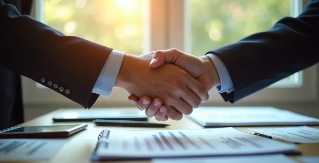 Illustration symbolique représentant la comptabilité générale comme un pacte de confiance entre une entreprise, ses partenaires financiers et l'État