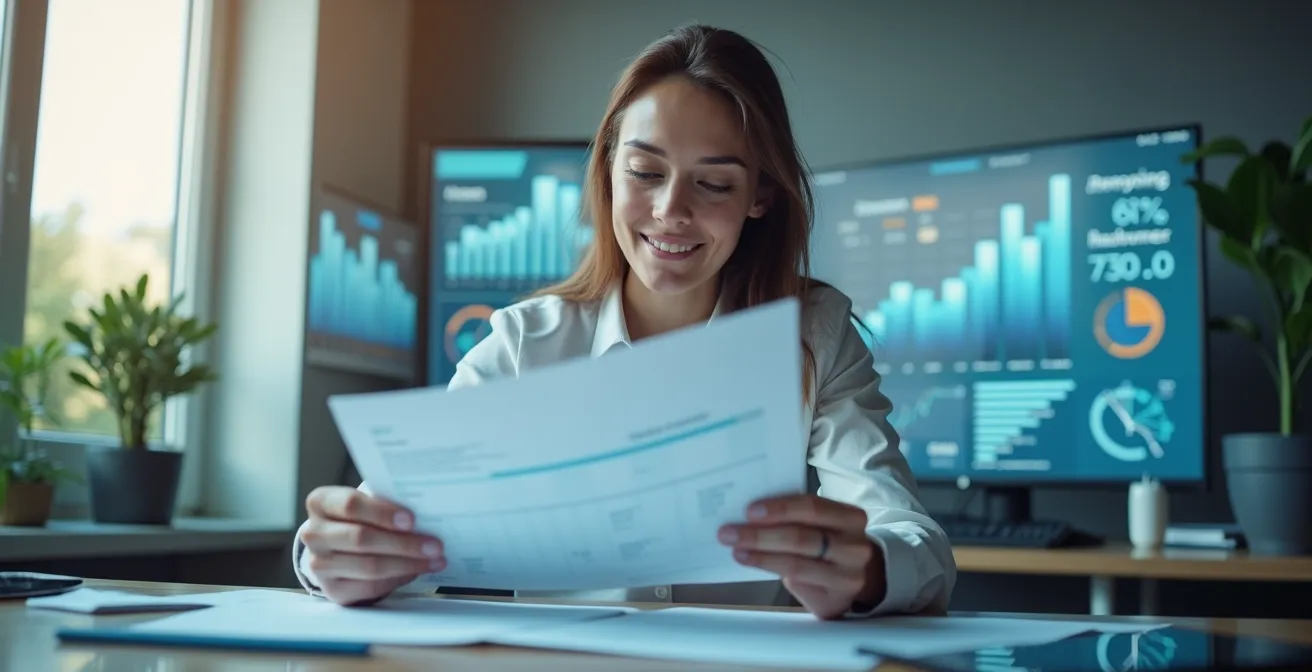 Illustration symbolique représentant l'importance d'une comptabilité précise pour la performance d'entreprise, avec des éléments financiers et une croissance en arrière-plan