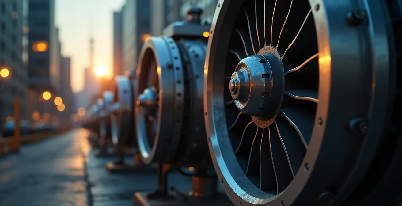 Illustration symbolique montrant une turbine de moteur propulsant une entreprise en pleine croissance avec des graphiques financiers en arrière-plan