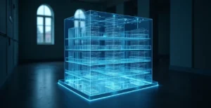 Une radiographie stylisée d'un bâtiment d'entreprise, révélant les structures internes comme des états financiers et des flux de trésorerie, symbolisant l'analyse profonde de la santé financière.