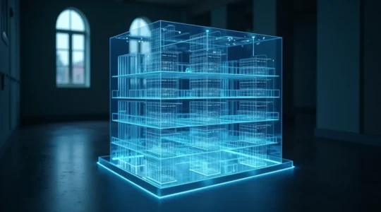 Une radiographie stylisée d'un bâtiment d'entreprise, révélant les structures internes comme des états financiers et des flux de trésorerie, symbolisant l'analyse profonde de la santé financière.