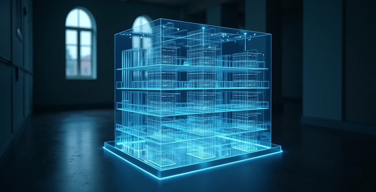 Une radiographie stylisée d'un bâtiment d'entreprise, révélant les structures internes comme des états financiers et des flux de trésorerie, symbolisant l'analyse profonde de la santé financière.