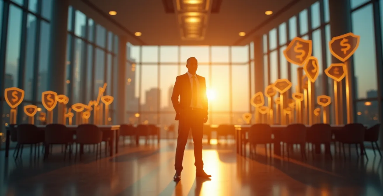 Une image symbolique illustrant la croissance d'une entreprise et sa protection financière, avec un dirigeant regardant vers un futur prometteur.