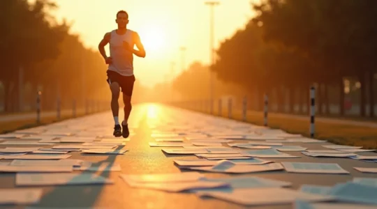 Dirigeant courant un marathon symbolique avec des papiers fiscaux et sociaux en arrière-plan