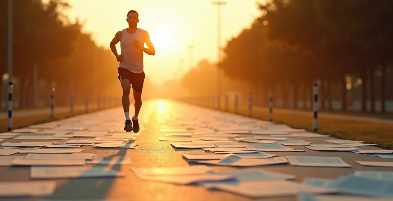 Dirigeant courant un marathon symbolique avec des papiers fiscaux et sociaux en arrière-plan