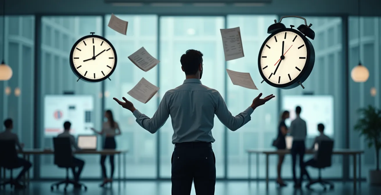Illustration d’un responsable financier jonglant avec des horloges et des factures symbolisant les délais de paiement, décor épuré et digital.