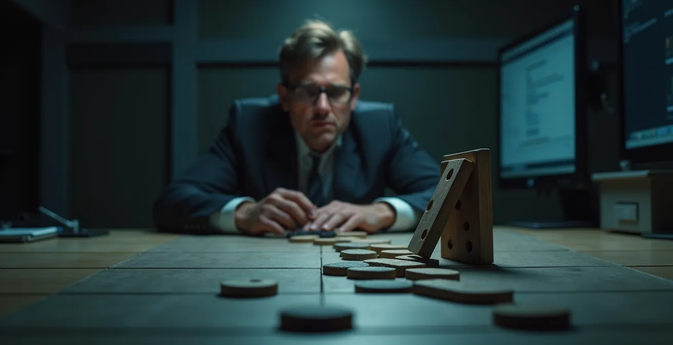 Illustration représentant l'effet domino des risques pour une PME, montrant la cascade de conséquences débutant par une panne technique.