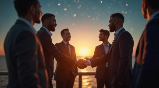 Illustration symbolique représentant des entrepreneurs et investisseurs lors d'une levée de fonds, visant le succès et la croissance