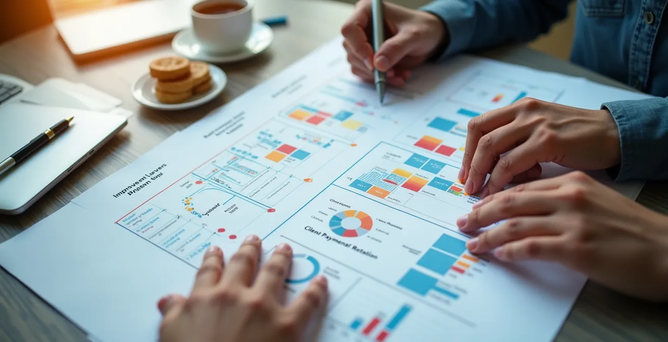 Matrice visuelle reliant les leviers financiers (marge, rotation, efficacité) à des KPIs opérationnels et cas concrets.