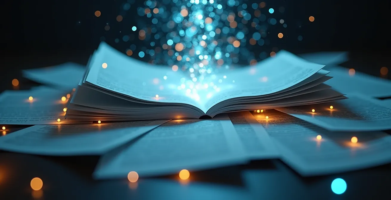 Illustration symbolique de factures papier transformées en données numériques via OCR et IA