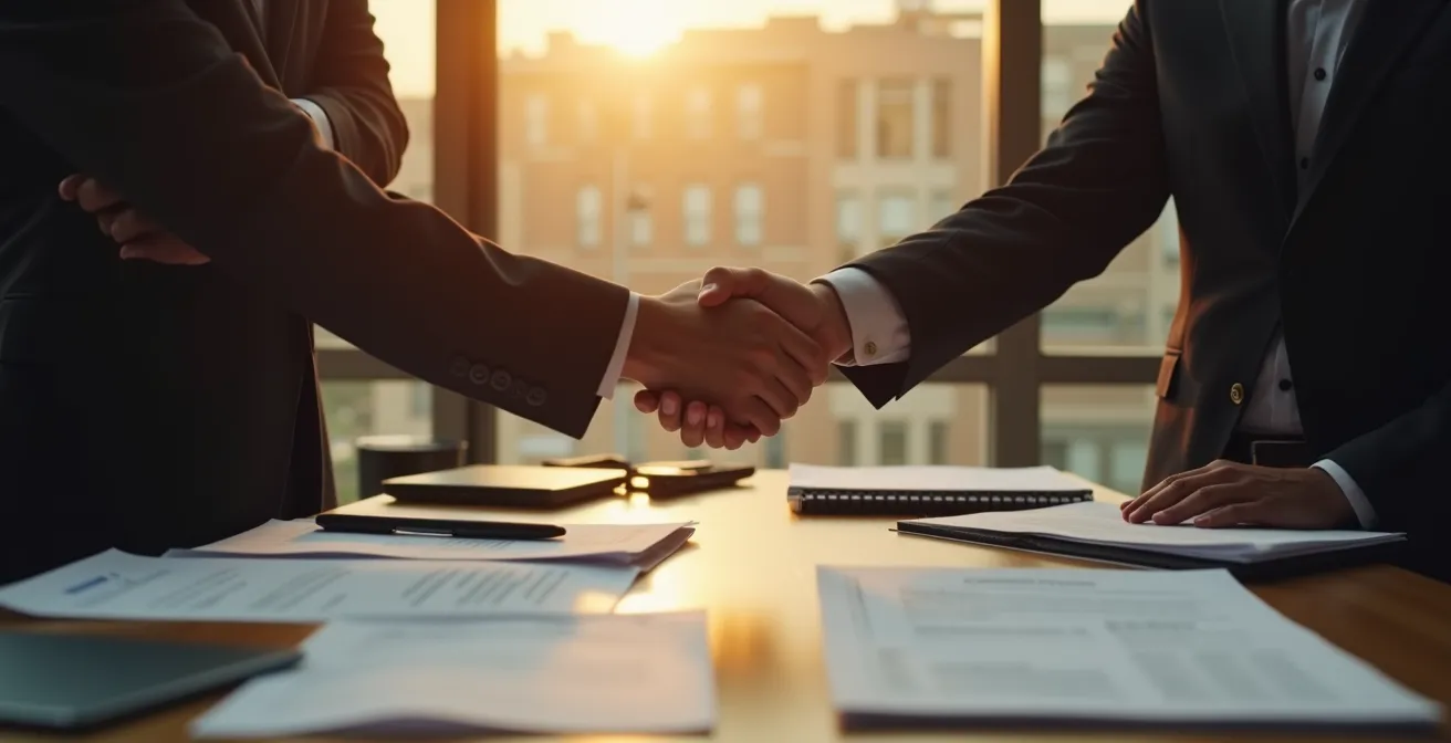 Table de négociation avec un fournisseur et un responsable financier échangeant sourires et contrats, atmosphère de confiance professionnelle.