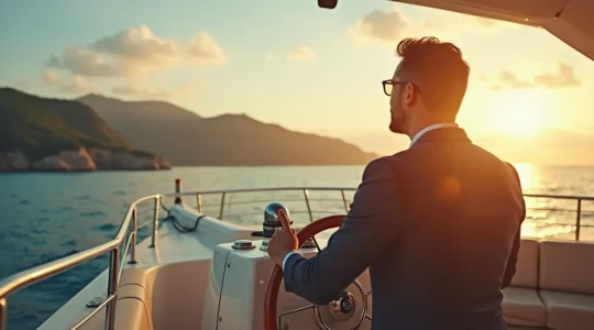 Un dirigeant d'entreprise tenant un gouvernail stylisé, symbolisant la gestion financière proactive, sur fond d'océan calme et ciel dégagé.