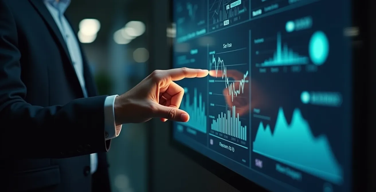 Image représentant une simulation digitale de plusieurs scénarios financiers sur un écran tactile moderne.
