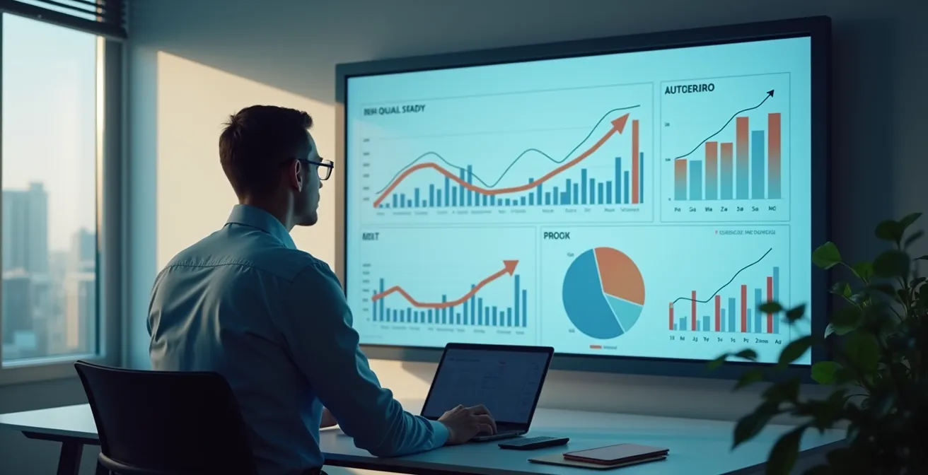 Tableau de bord financier narratif, structuré autour de questions stratégiques et de KPIs opérationnels et humains.