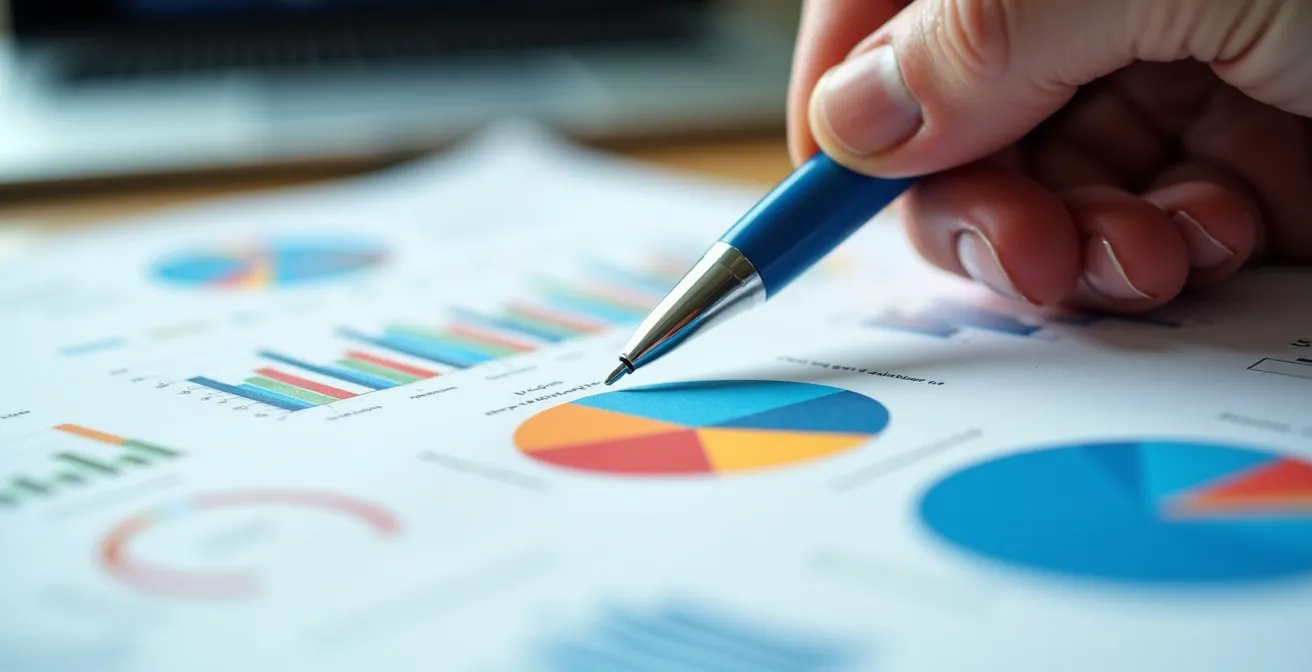 Vue macro de documents d'analyse avec graphiques colorés et main tenant un stylo