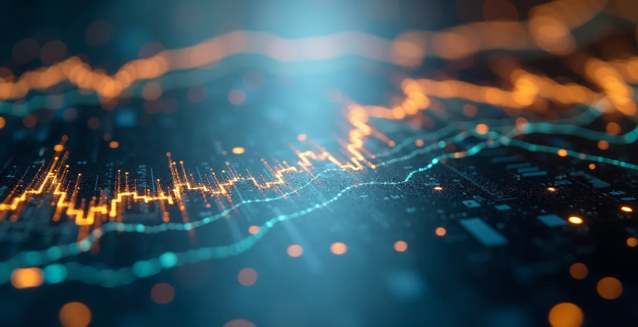 Gros plan sur une surface réfléchissante avec des graphiques abstraits représentant l'analyse de données financières