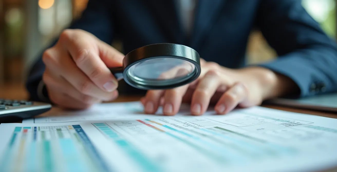 Mains d'expert analysant des factures avec loupe sur bureau professionnel