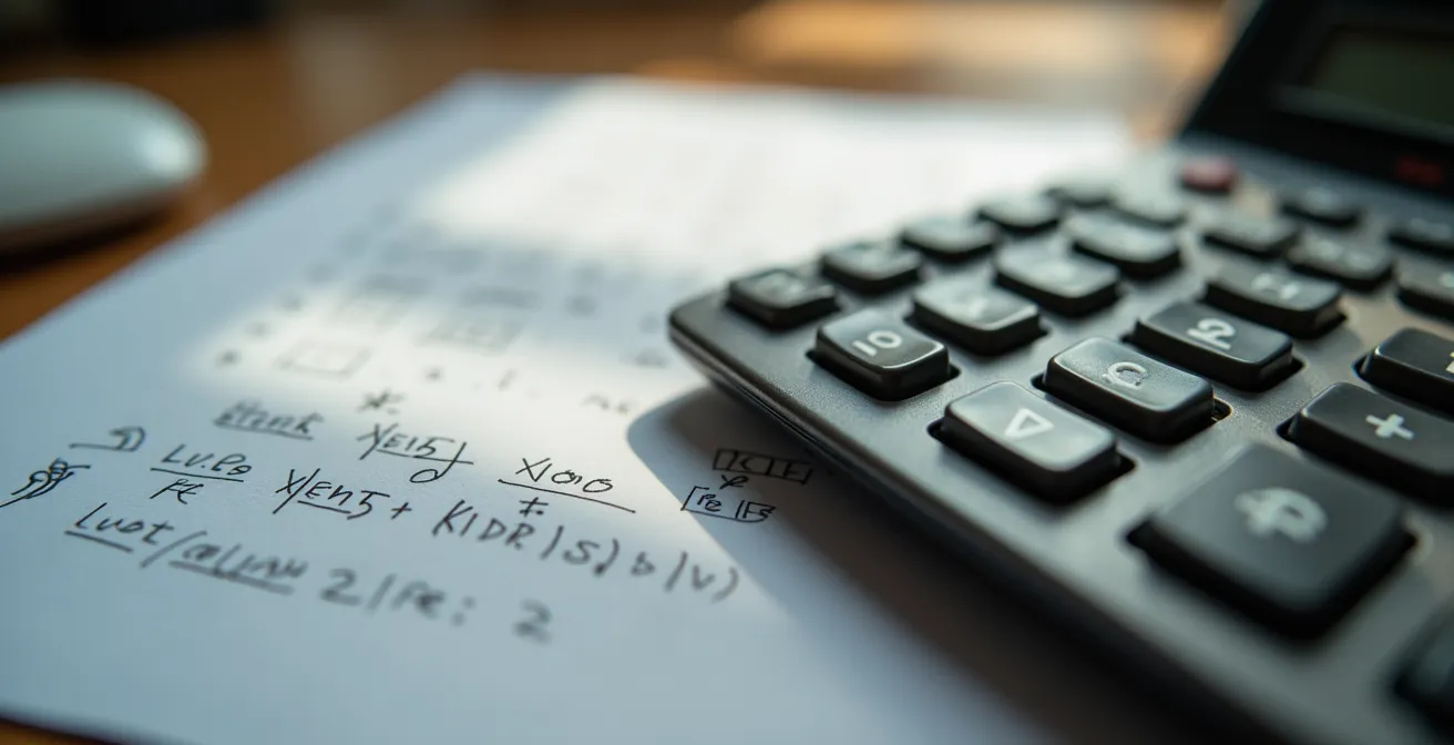 Documents d'audit fiscal et calculatrice professionnelle sur un bureau, illustrant le processus d'optimisation de la taxe foncière