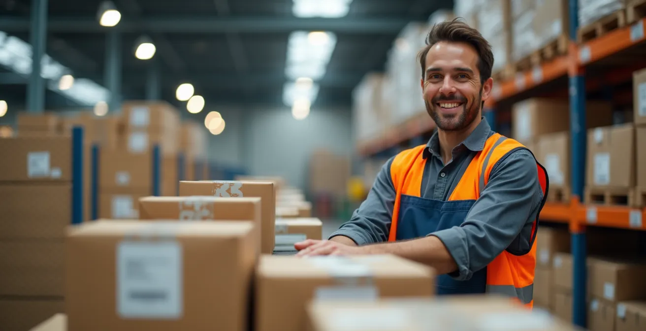 Vue d'un entrepôt moderne avec système de tri automatisé et colis en mouvement