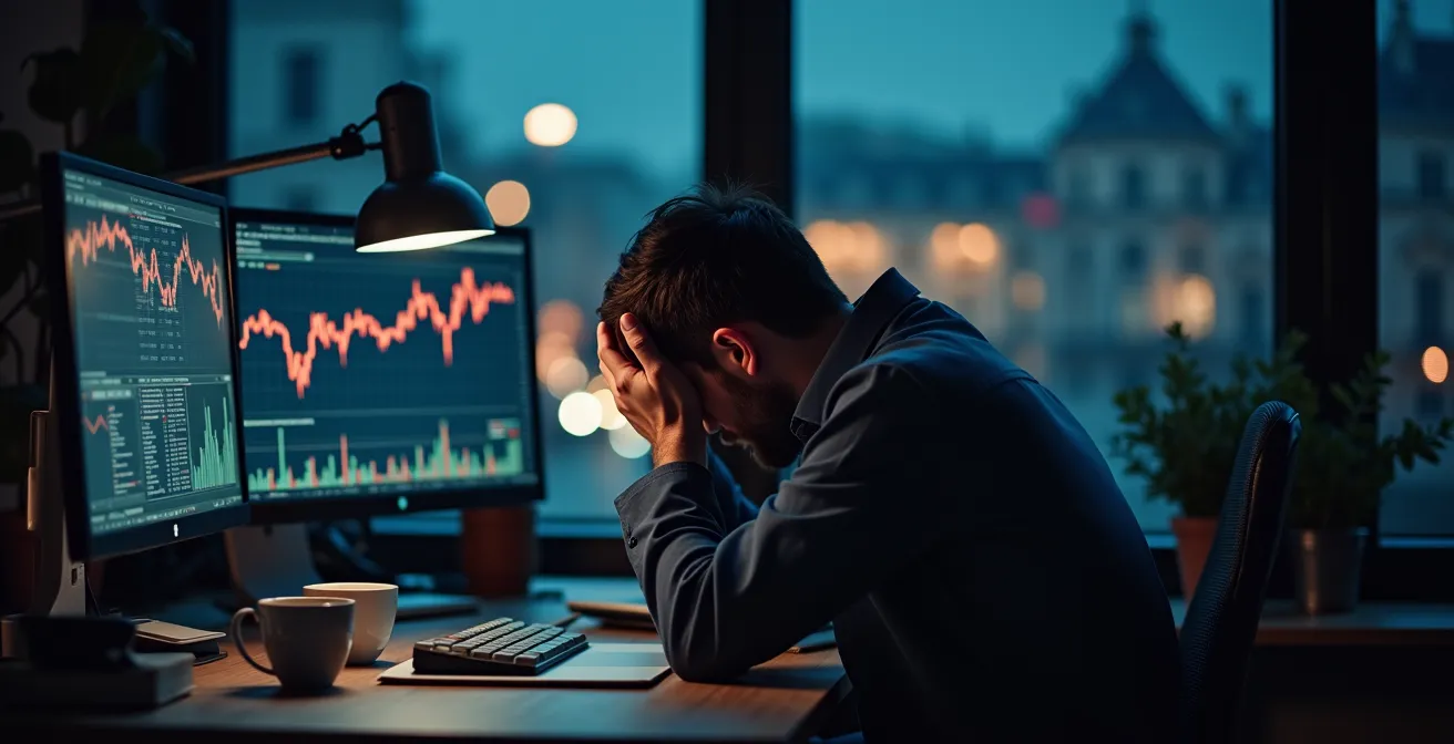 Trader épuisé face à des écrans montrant des graphiques abstraits, illustrant le burn-out du trading