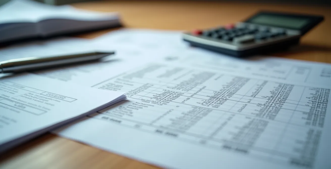 Bureau moderne avec documents éparpillés sur une table en bois et calculatrice, vue de dessus