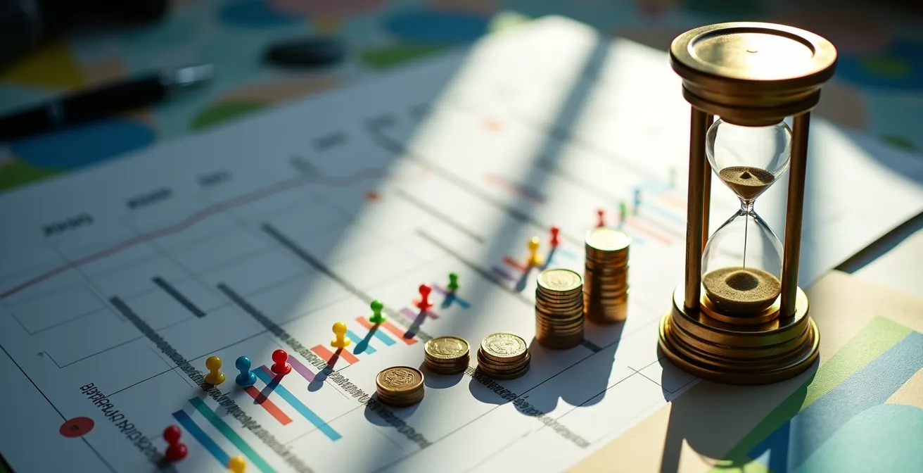 Calendrier professionnel avec marqueurs colorés indiquant les échéances de TVA et les flux de trésorerie