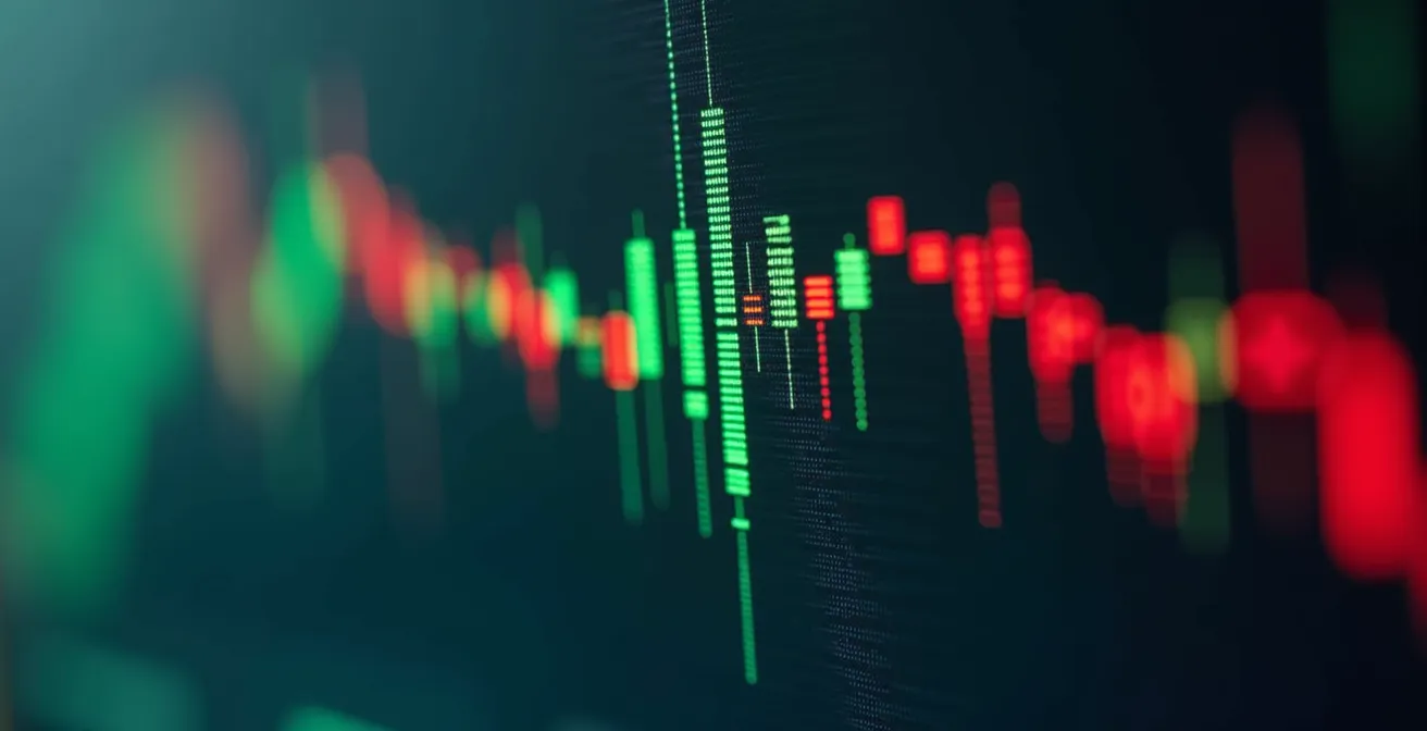 Gros plan macro sur un écran montrant des barres de volume colorées représentant l'activité du marché