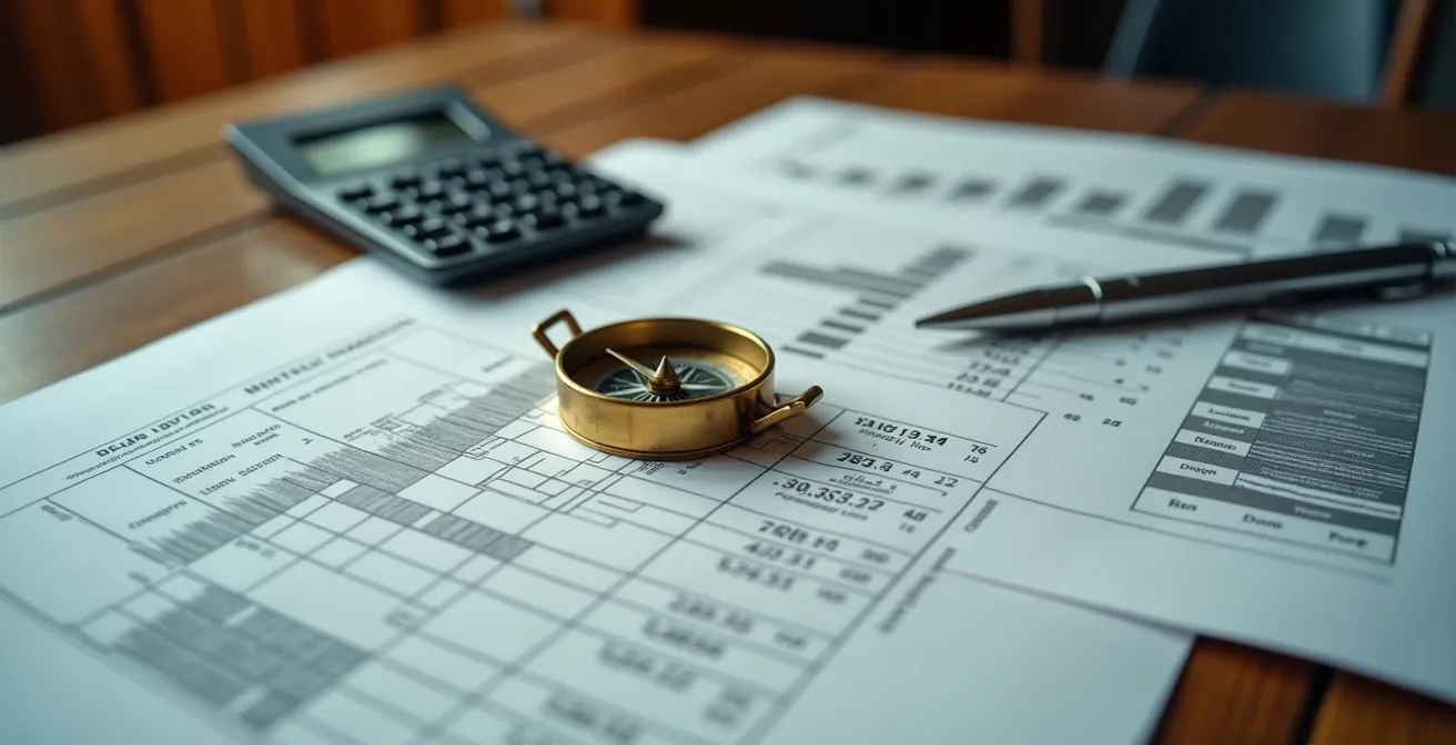 Bureau moderne avec documents financiers abstraits et calculatrice sur bureau en bois