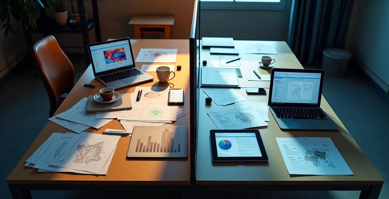 Comparaison visuelle d'interfaces de gestion avec écrans montrant des graphiques abstraits