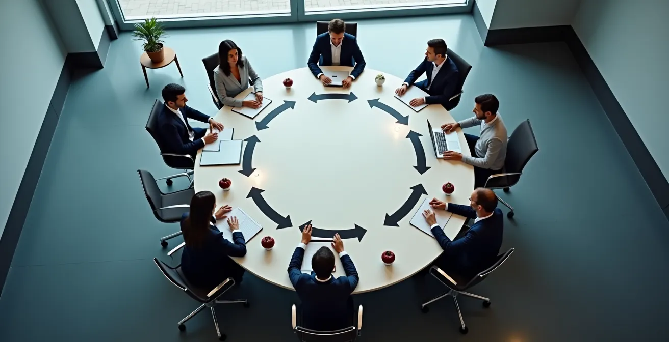 Diagramme circulaire représentant les 6 étapes du cycle Order to Cash avec des personnes en interaction