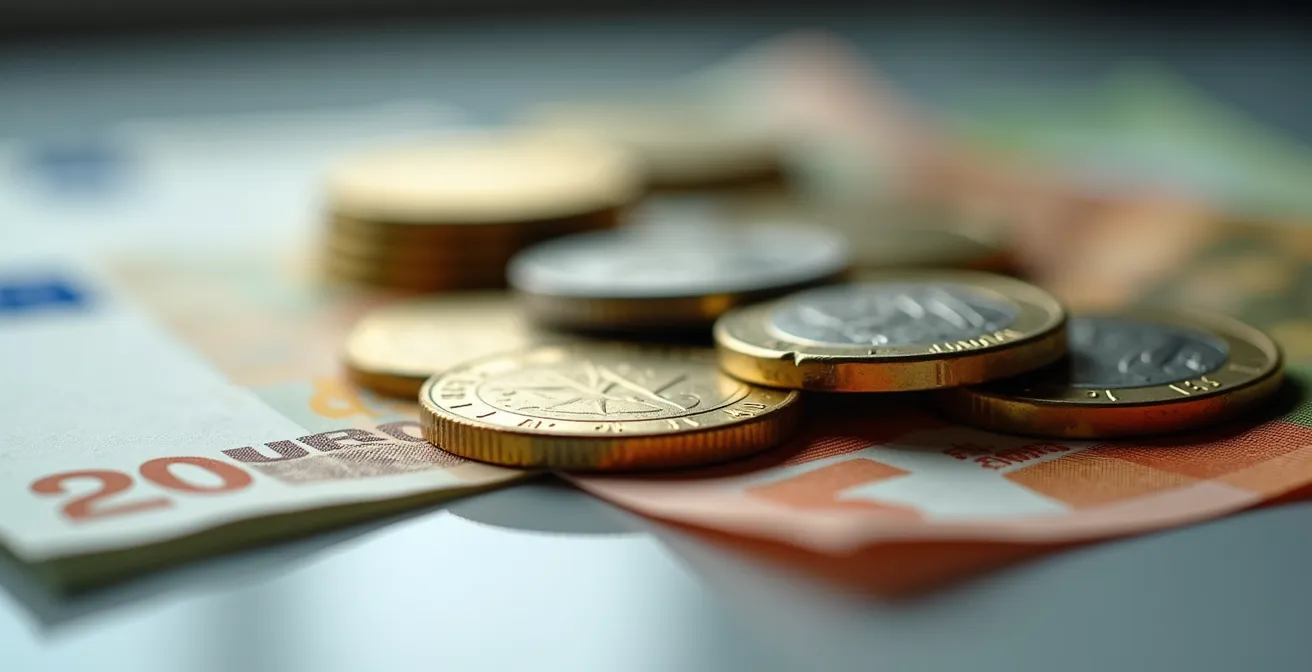 Représentation visuelle du cycle de trésorerie avec des pièces et billets euros sur une surface de bureau