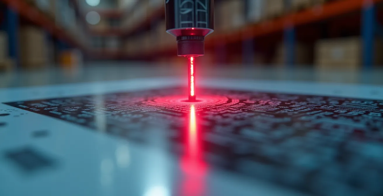 Vue macro d'un scanner de codes-barres en action sur des étiquettes abstraites