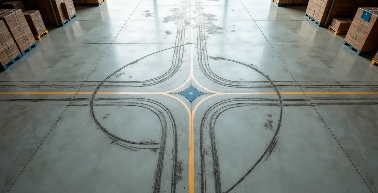 Vue aérienne minimaliste montrant les trajectoires de déplacement dans un entrepôt