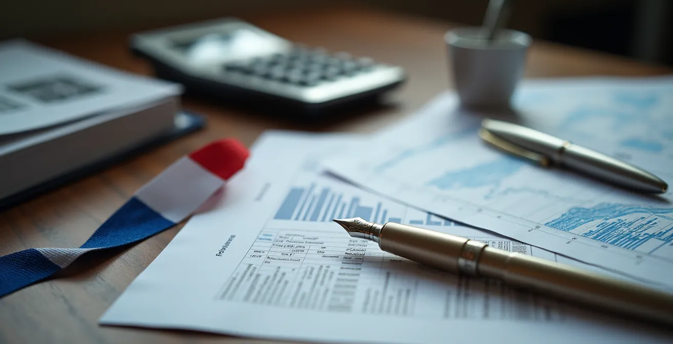 Documents fiscaux et juridiques pour une entreprise française avec calculatrice et stylo