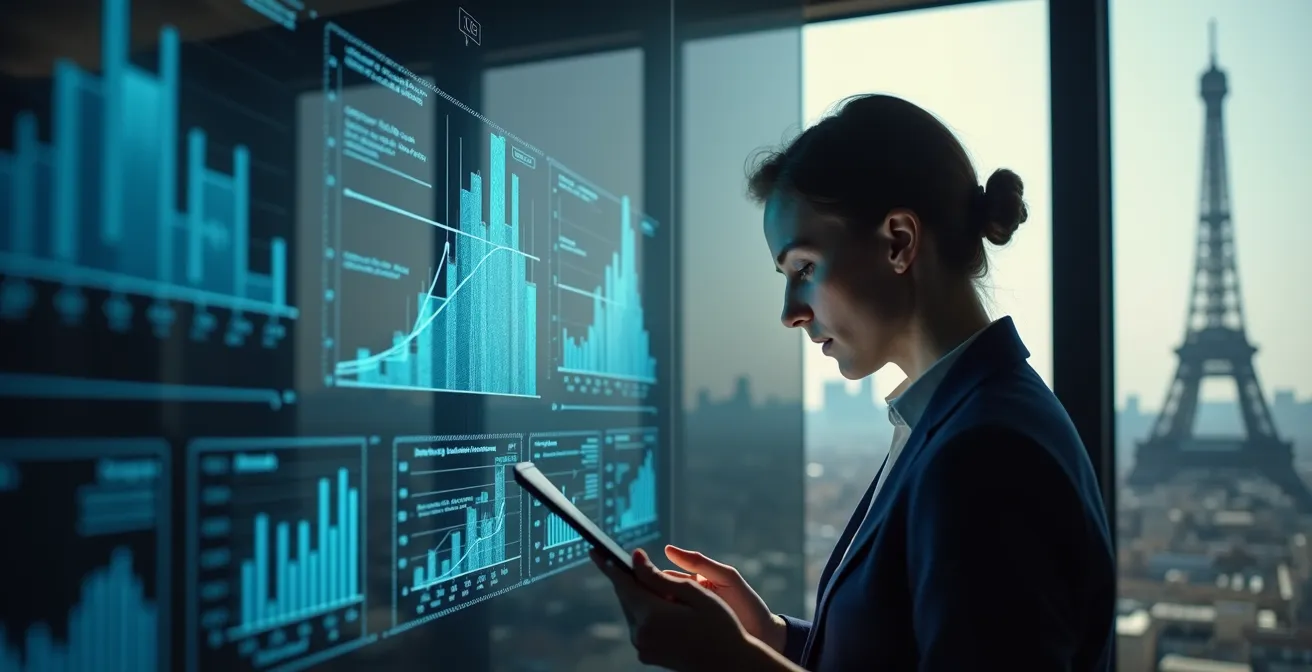 Personne analysant des données sur tablette avec graphiques holographiques flottants en arrière-plan