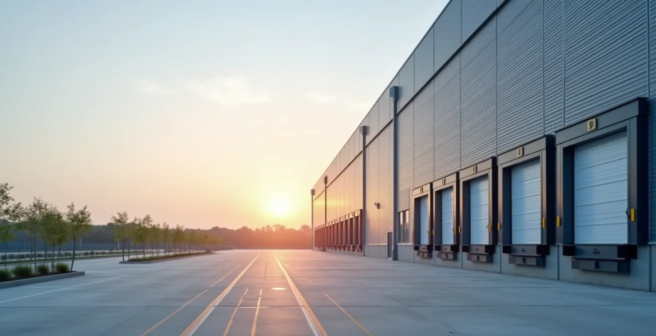 Vue large d'un entrepôt logistique moderne avec quais de chargement et espace de stockage