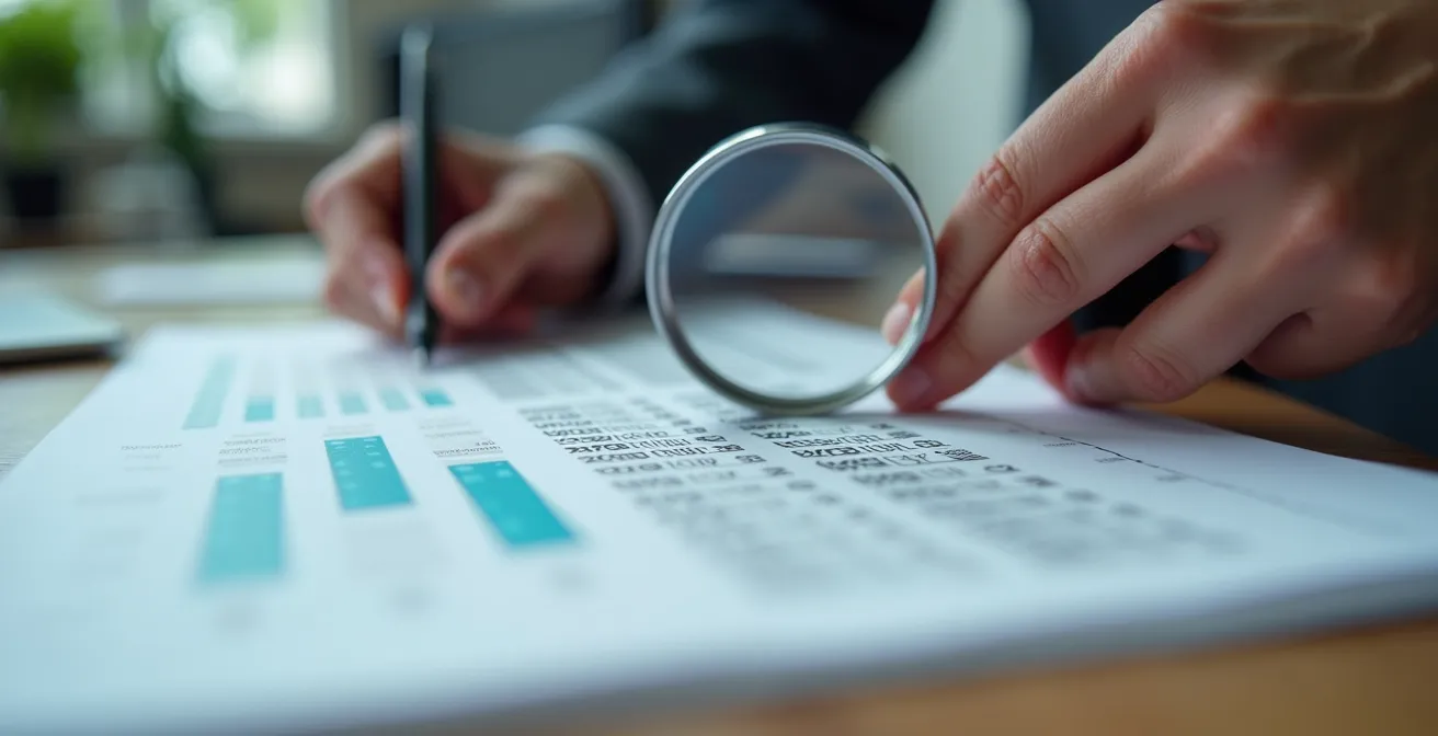 Gros plan sur des mains analysant des patterns de données avec une loupe symbolisant la détection d'erreurs